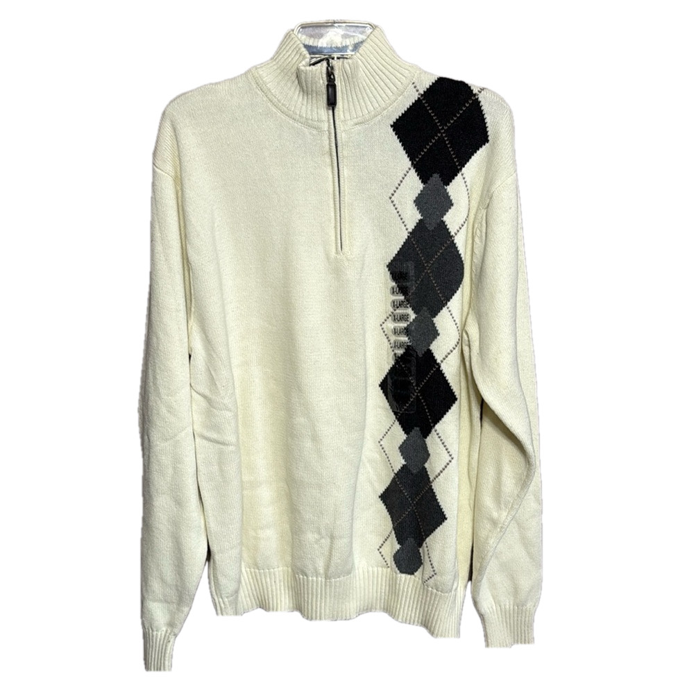 Oscar de la Renta Men's 100% Cotton Knit Argyle Mock Neck Quarter Zip Sweater XL